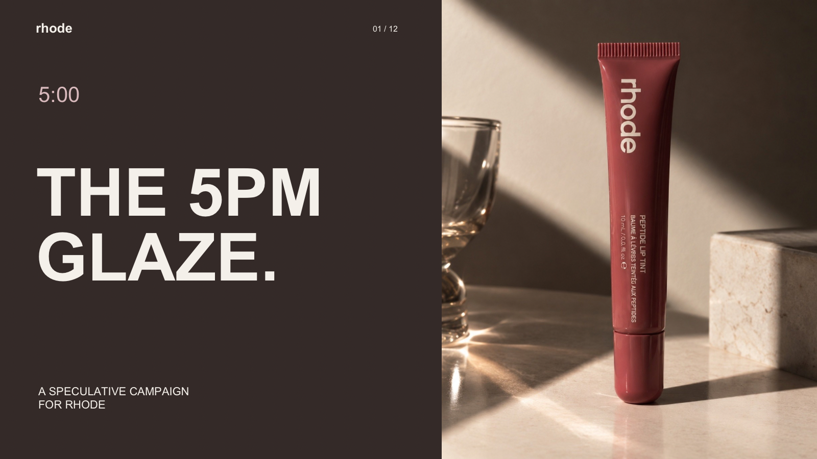The 5PM Glaze speculative campaign cover featuring a rhode Lip Tint in warm afternoon light.
